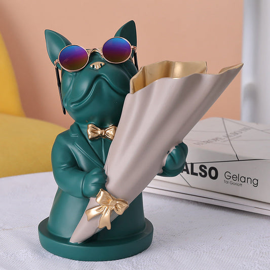 Statua decorativa con vaso di fiori a forma di bulldog francese