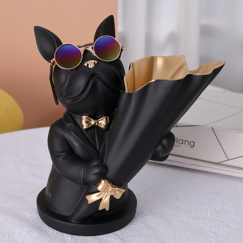 Statua decorativa con vaso di fiori a forma di bulldog francese