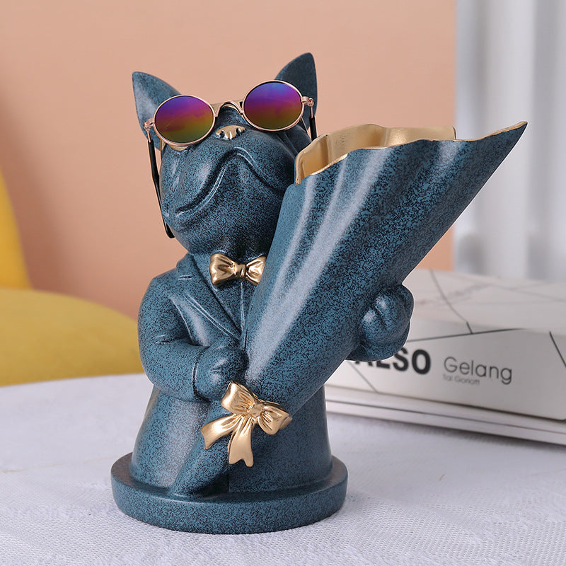 Statua decorativa con vaso di fiori a forma di bulldog francese