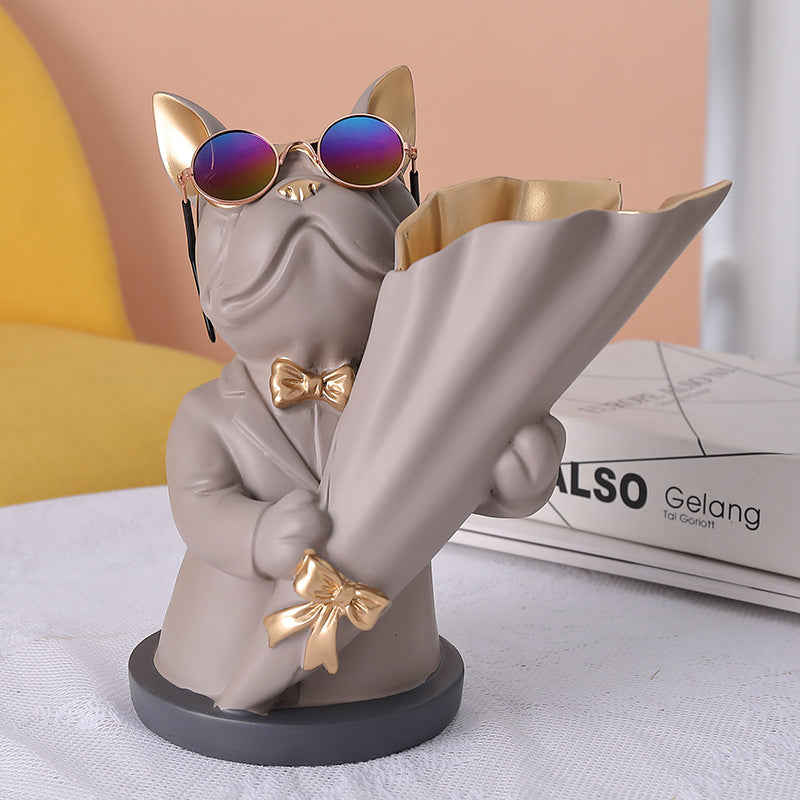 Statua decorativa con vaso di fiori a forma di bulldog francese