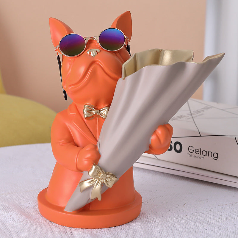 Statua decorativa con vaso di fiori a forma di bulldog francese