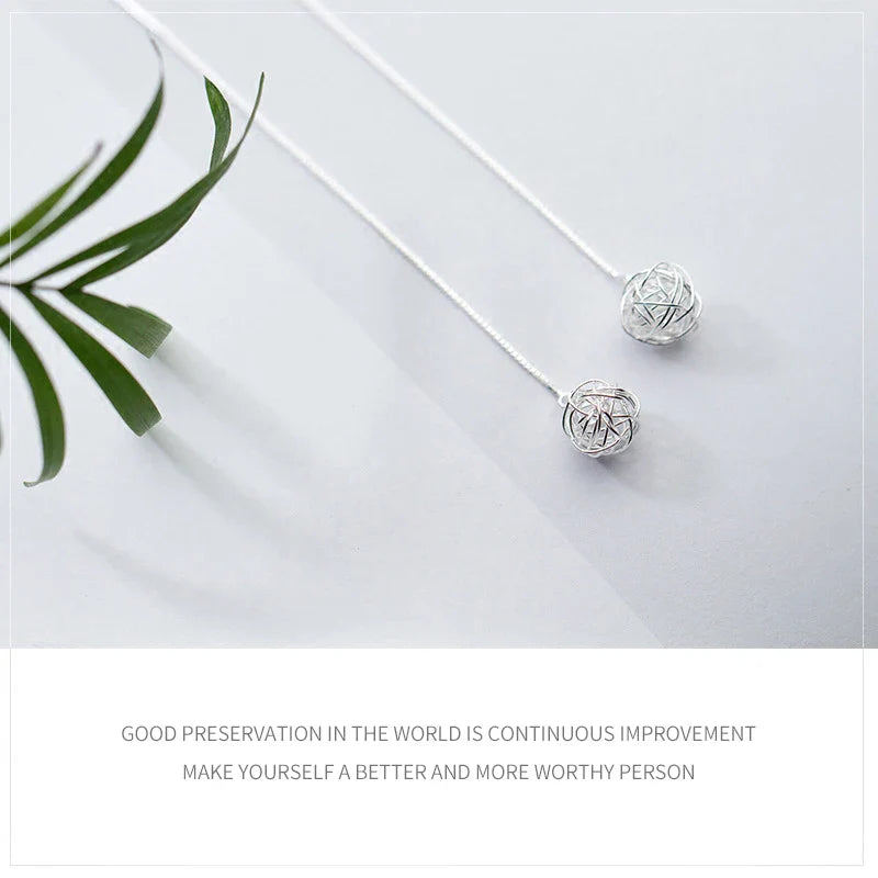 Minimalistische, einzigartige Design-Kugelohrringe mit langer Kette für Damen, 925er Sterlingsilber