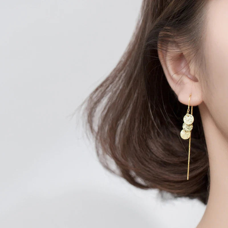 925 Sterling Sliver Gold Color Geometric Line Sequins Drop Dangle Earring for Women