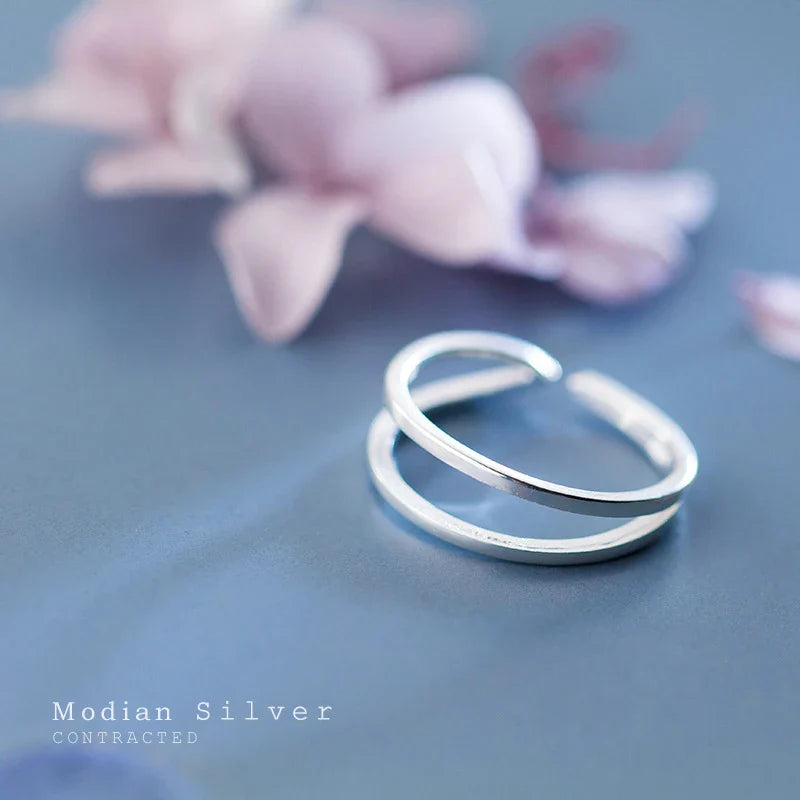 Anello a doppio cerchio con linea geometrica per donna, in argento Sterling 925 autentico