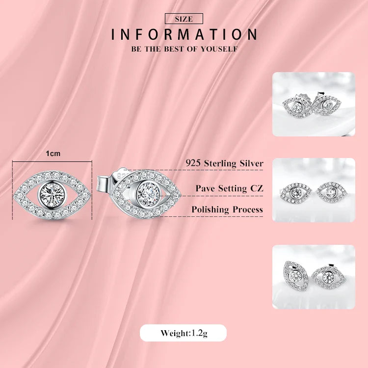 925 Sterling Silver Cubic Zirconia Clear Eyes Lucky Stud Earrings