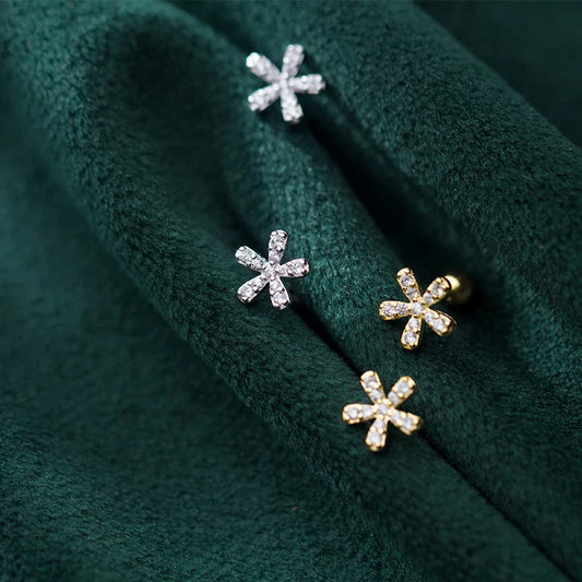 Orecchini a bottone classici a forma di fiore in argento 925 per donna, con zirconi trasparenti color oro