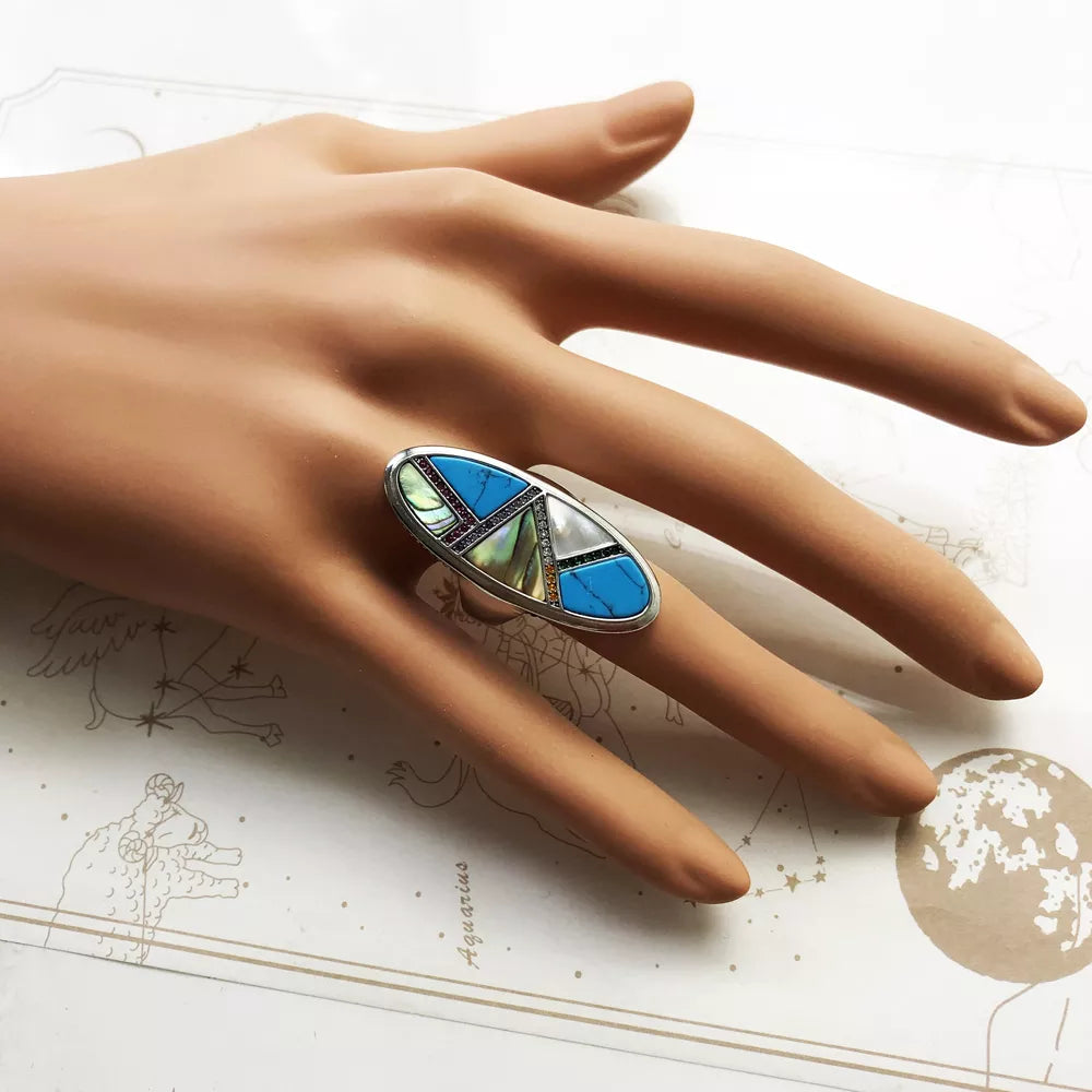 Kraftvoller, glücksbringender und bedeutungsvoller Statement-Ring, europäischer, edler Schmuck für Frauen, Herbst, mystisches Türkis, Geschenk aus 925er Sterlingsilber