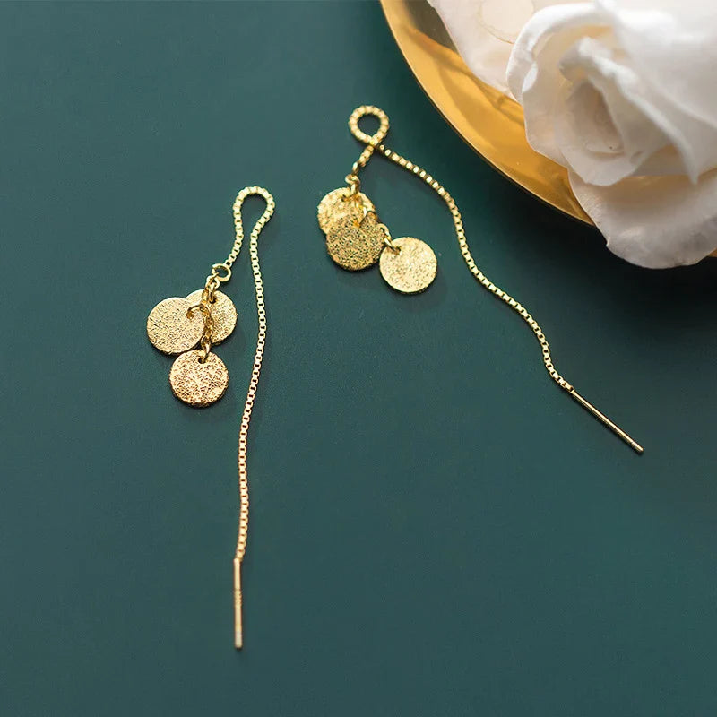 925 Sterling Sliver Gold Color Geometric Line Sequins Drop Dangle Earring for Women