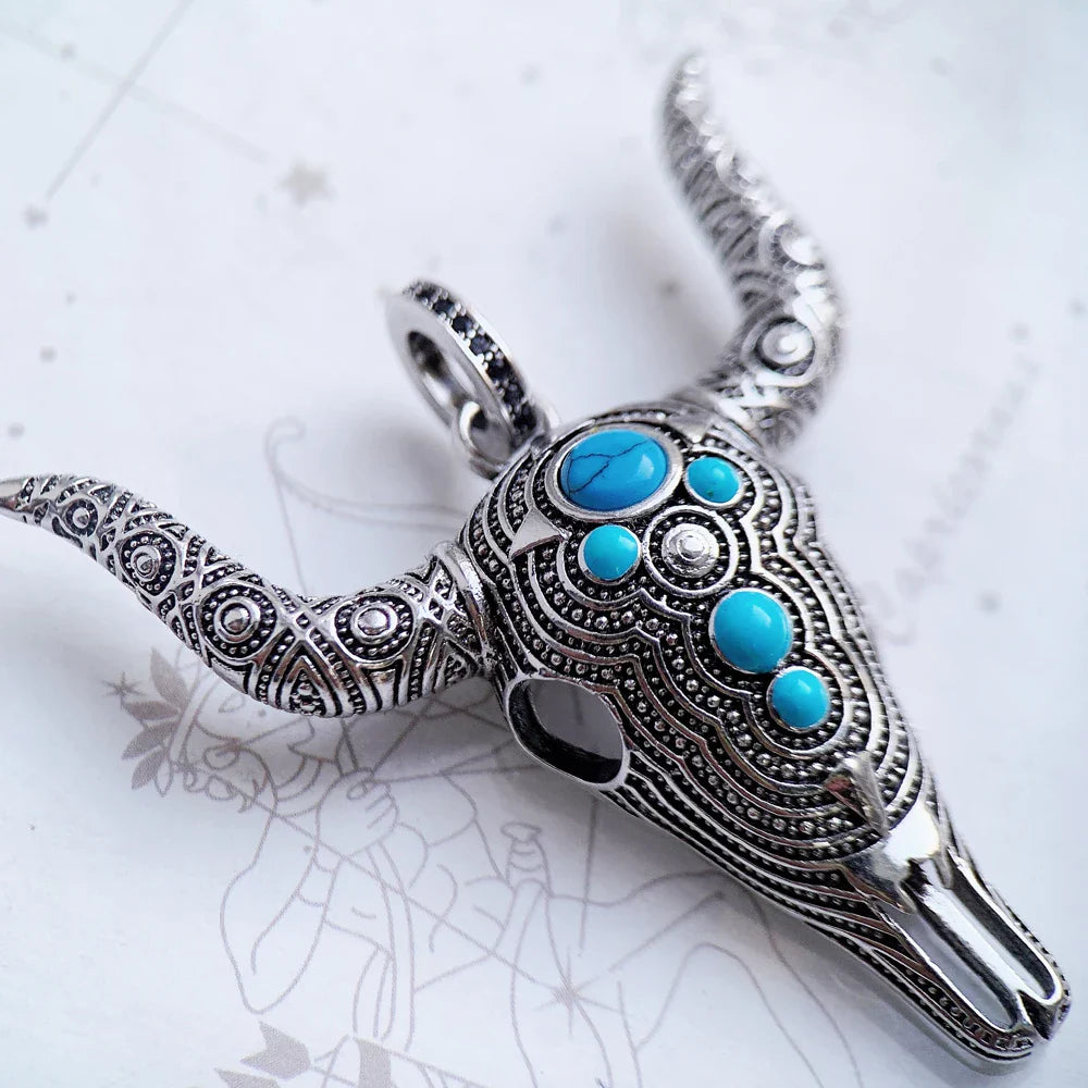 Ciondolo con testa di toro blu, teschio, moda, punk, gioielli etnici, argento sterling 925, turchese, regalo ribelle per donna e uomo