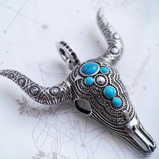 Ciondolo con testa di toro blu, teschio, moda, punk, gioielli etnici, argento sterling 925, turchese, regalo ribelle per donna e uomo