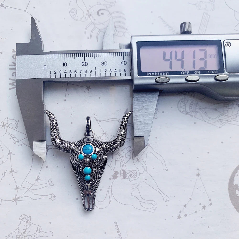 Ciondolo con testa di toro blu, teschio, moda, punk, gioielli etnici, argento sterling 925, turchese, regalo ribelle per donna e uomo