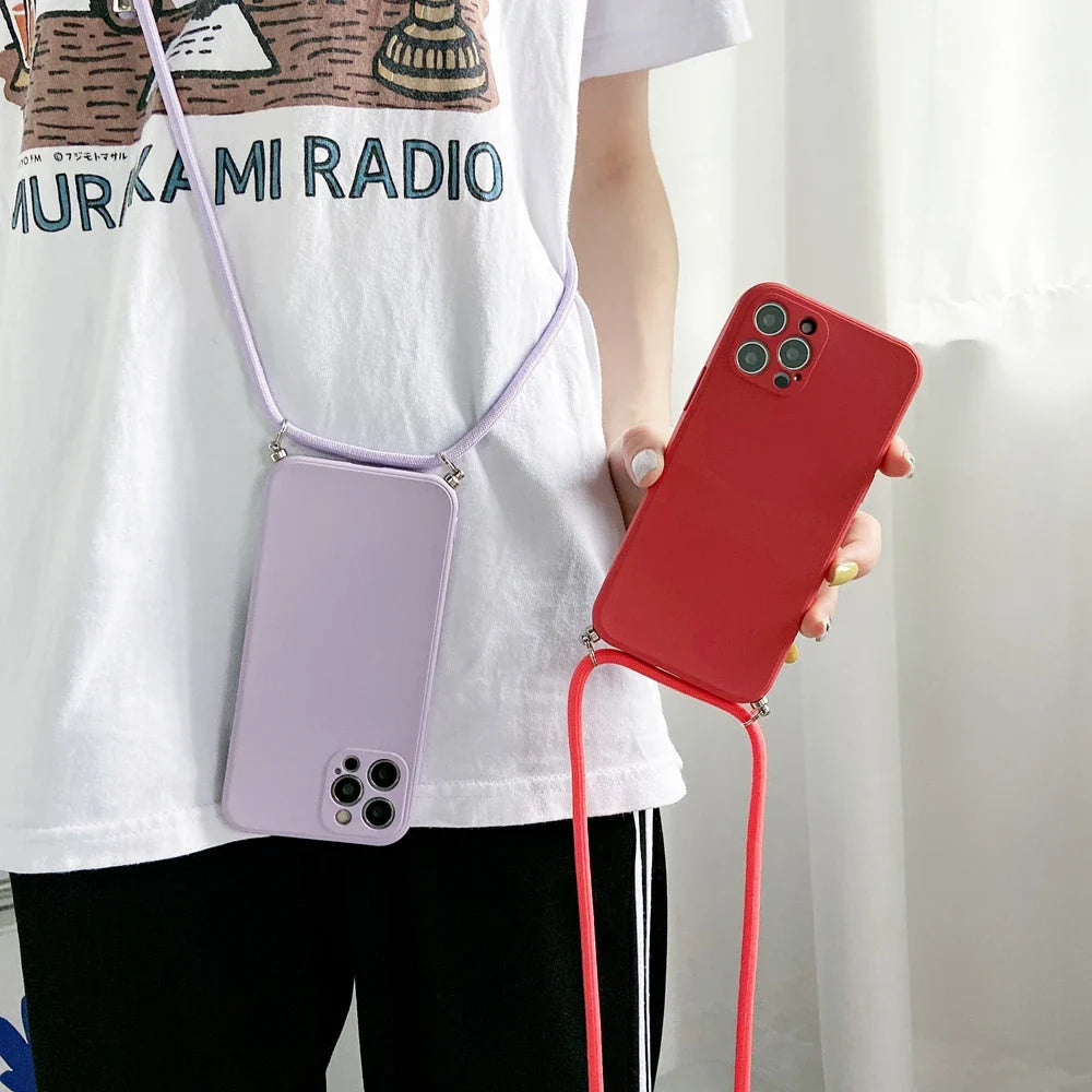 Crossbody Halskette Strap Lanyard Cord Flüssigsilikon Telefon Fall Für iphone 15 14 13 12 MiNi 11 Pro