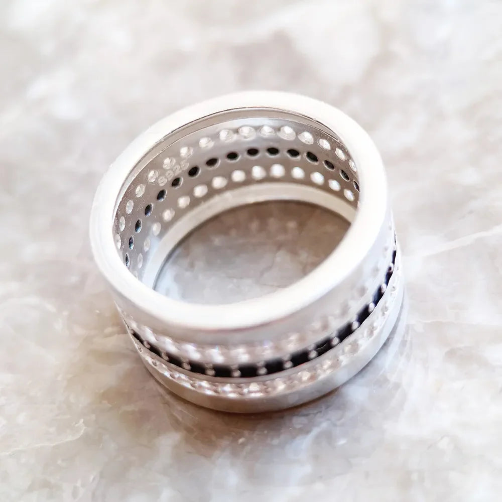 Anello Entinity con pavé nero e bianco, stile europeo, glamour, moda, ottimo regalo per donna, in argento sterling 925.