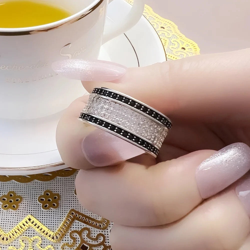 Anello nero e bianco, gioiello raffinato glamour in stile europeo per donna, regalo in argento sterling 925