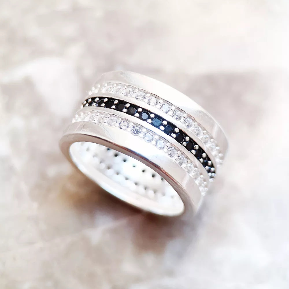 Anello Entinity con pavé nero e bianco, stile europeo, glamour, moda, ottimo regalo per donna, in argento sterling 925.