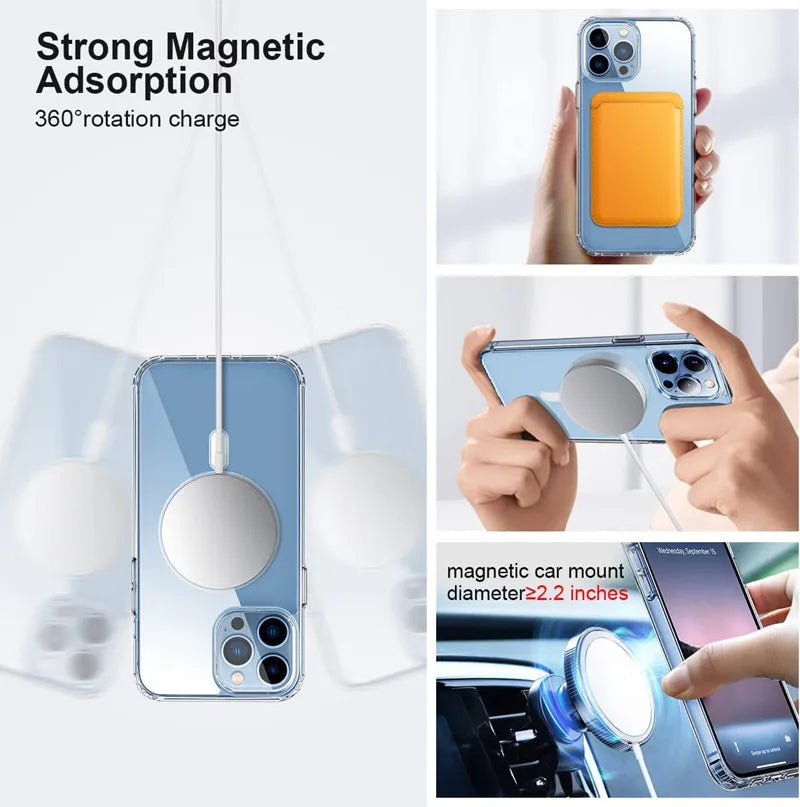 Custodia trasparente per telefono con ricarica magnetica senza fili Magsafe per iPhone 15 14 13 12 11 Pro Max Mini X XS XR 7 8 Plus, rigida e antiurto.