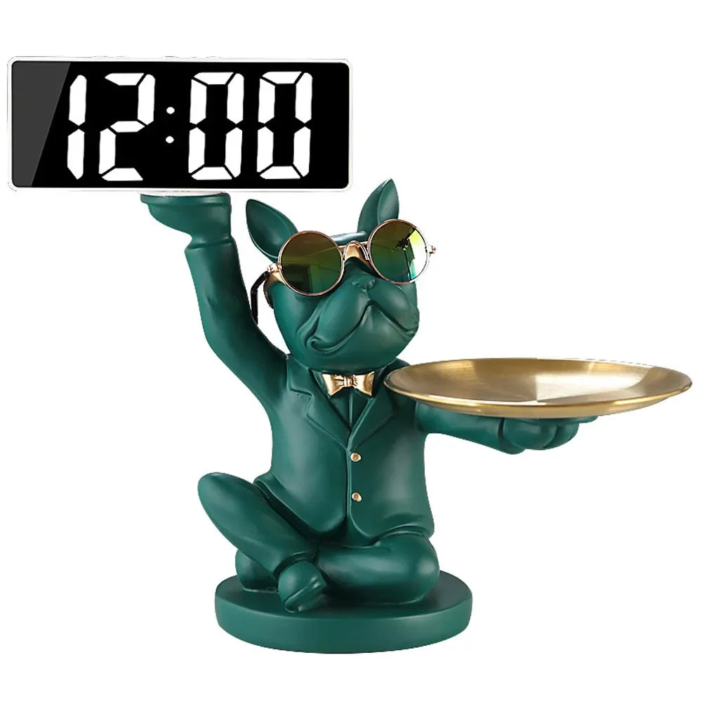 Statua ornamentale di bulldog francese con orologio e scatola portaoggetti