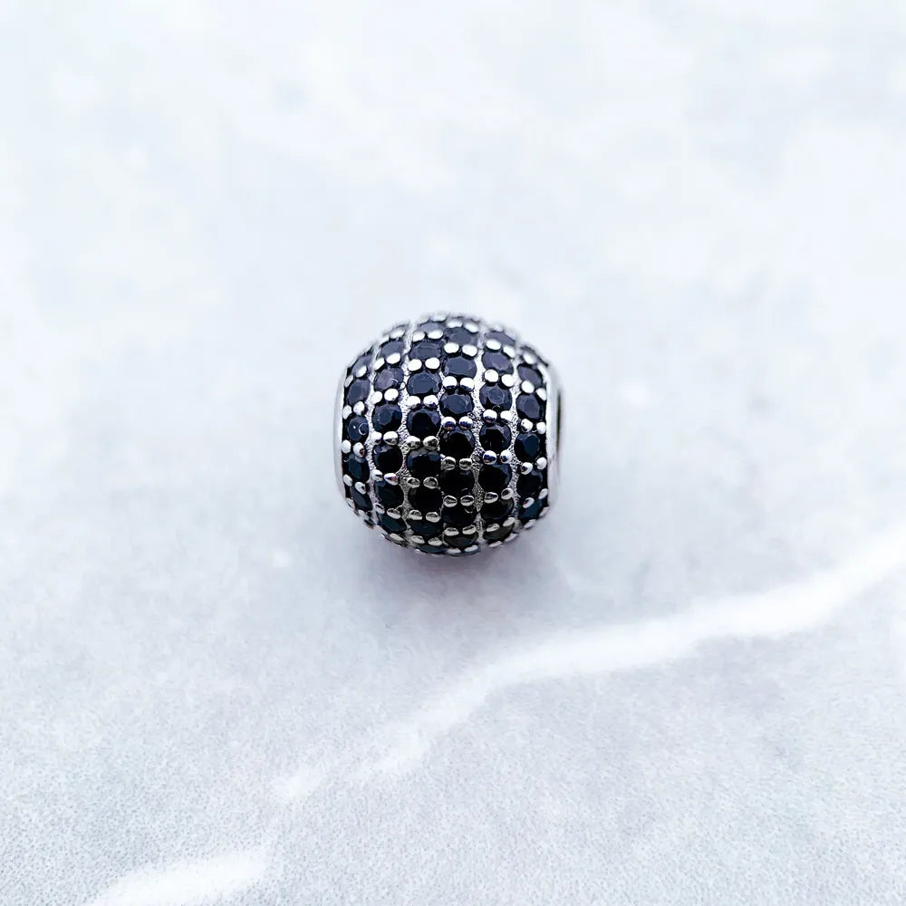 Ciondolo a forma di sfera in micro pavé di zirconi neri e cristallo nero per donne fai da te, gioielli di moda in Europa, argento sterling 925