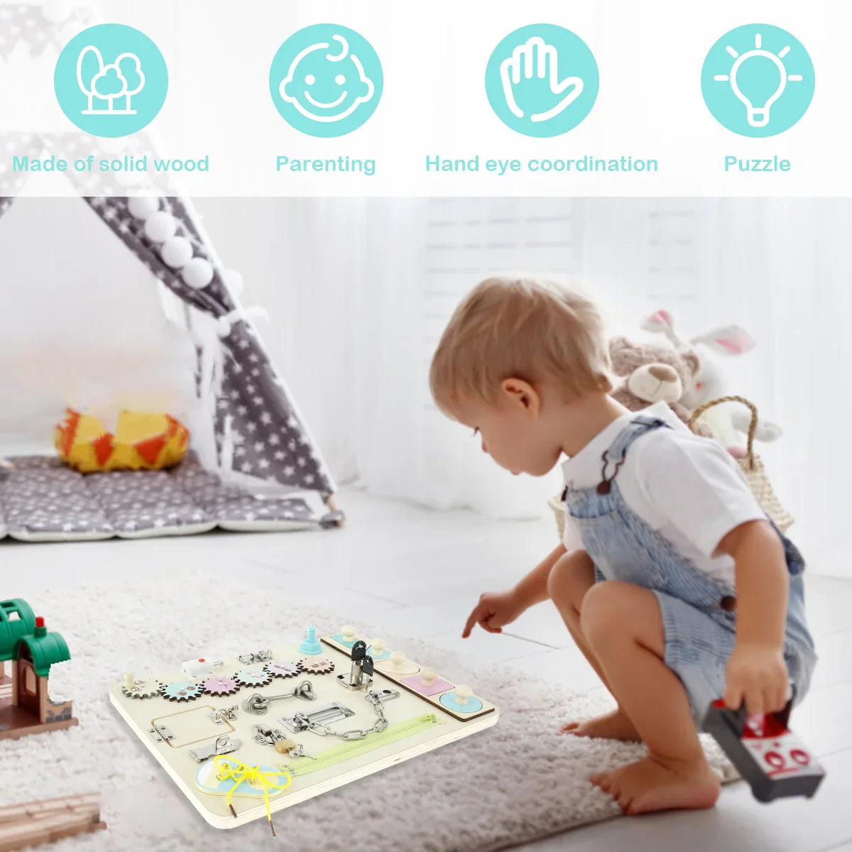 Montessori Wooden Sensory Board Portable with Lock Latches for Toddlers
