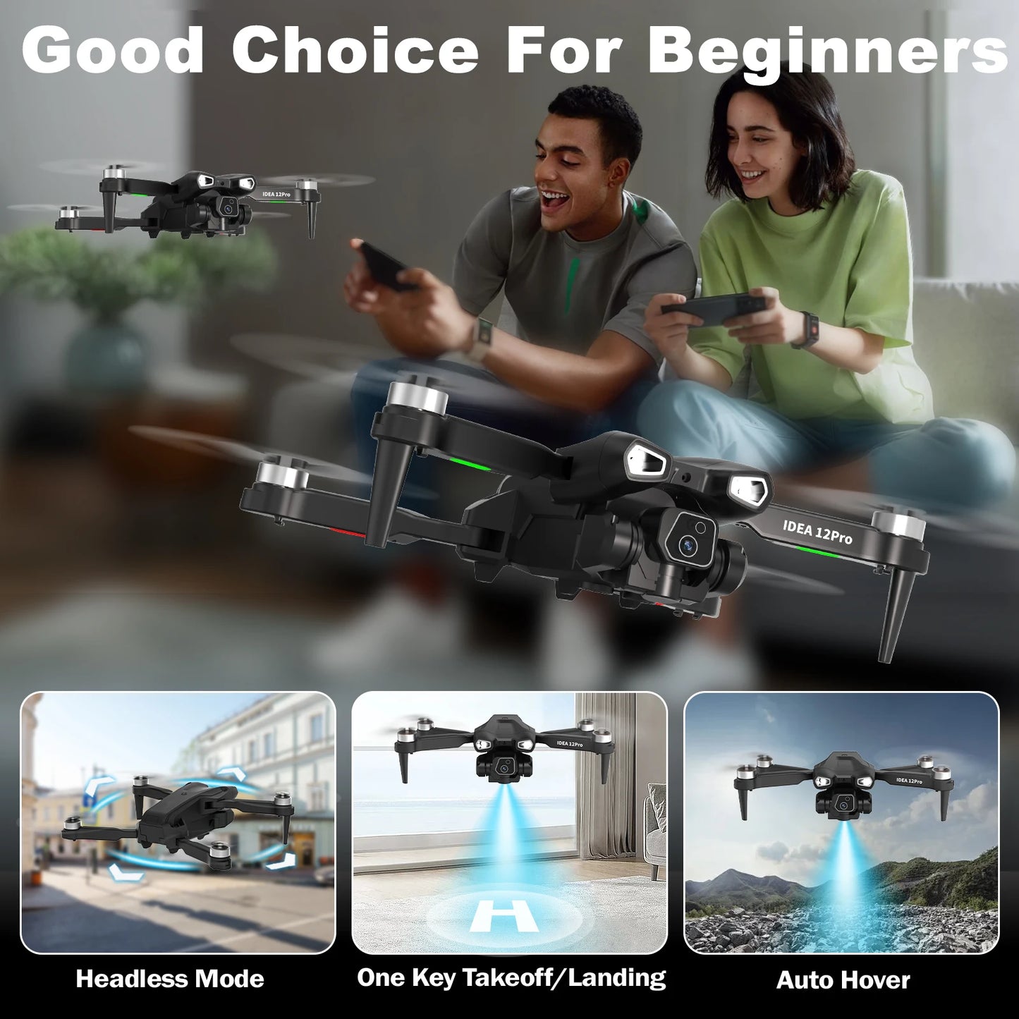 IDEA12Pro Drone with 4K adults Camera 2 Batteries Dual Cameras RC Quadcopter 5G WiFi FPV Optical Flow Brushless for Beginner CO