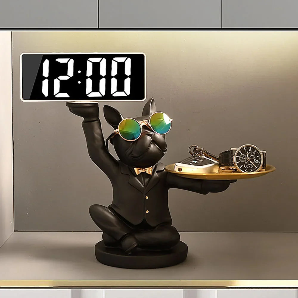 Statua ornamentale di bulldog francese con orologio e scatola portaoggetti