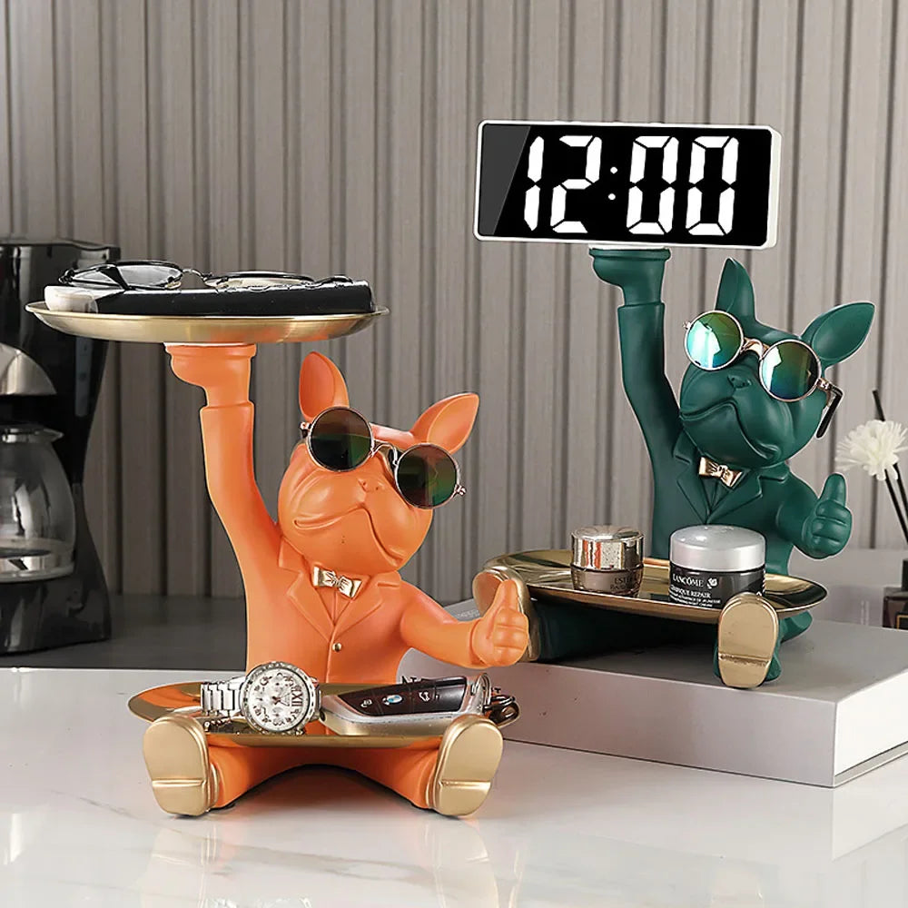 Statua ornamentale di bulldog francese con orologio e scatola portaoggetti