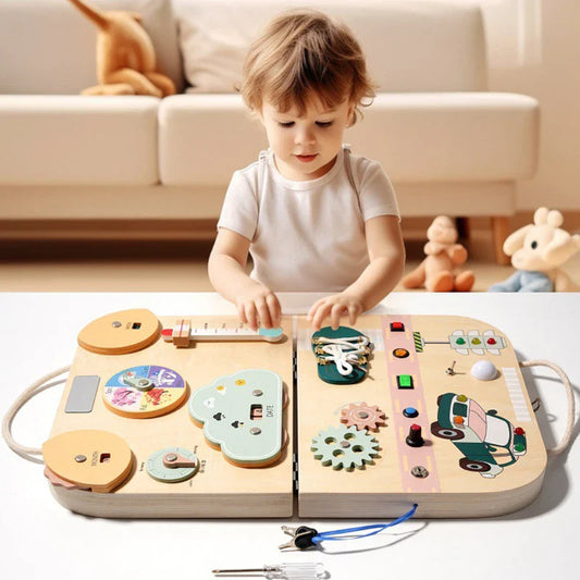 Giocattoli sensoriali Montessori pieghevoli e portatili con interruttore a LED e pannello di attività
