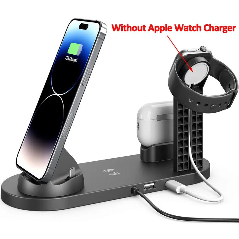 5 in 1 Caricabatterie Senza Fili Supporto Pad per iPhone 15 14 13 12 11 X Apple Watch Airpods Caricabatterie per Telefono da Tavolo Stazione di Ricarica Rapida