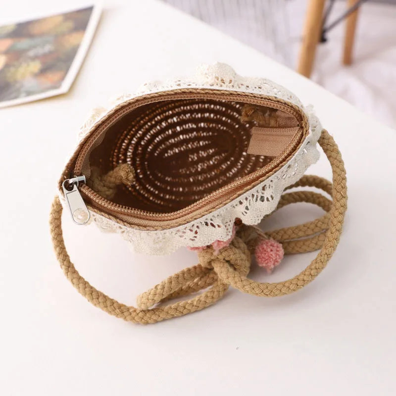 Borsa estiva in paglia con tracolla mini in rattan floreale fatta a mano