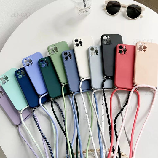 Custodia per telefono in silicone liquido con tracolla, cordino e collana per iPhone 15, 14, 13, 12, MiNi 11 Pro X, XR, XS Max, 7, 8Plus SE