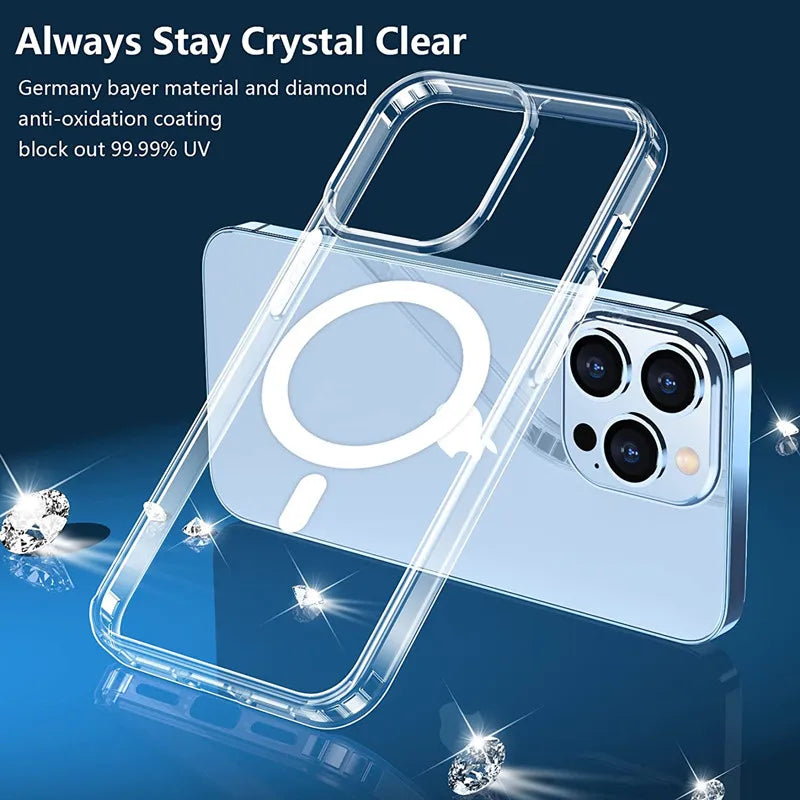 Custodia trasparente per telefono con ricarica magnetica senza fili Magsafe per iPhone 15 14 13 12 11 Pro Max Mini X XS XR 7 8 Plus, rigida e antiurto.