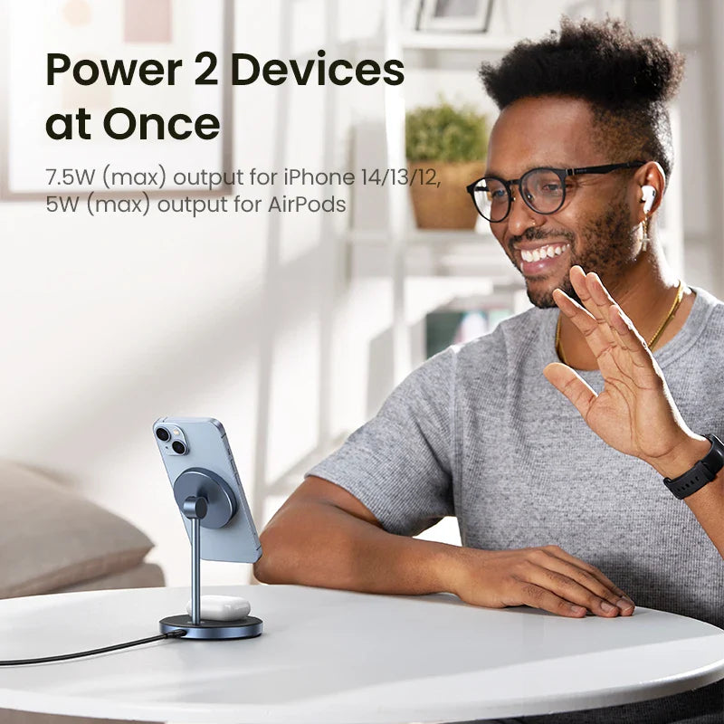 UGREEN Supporto di ricarica magnetico senza fili 20W Max Supporto di ricarica 2 in 1 per iPhone 15 14 Pro Max/iPhone 13/AirPods Caricabatterie rapido