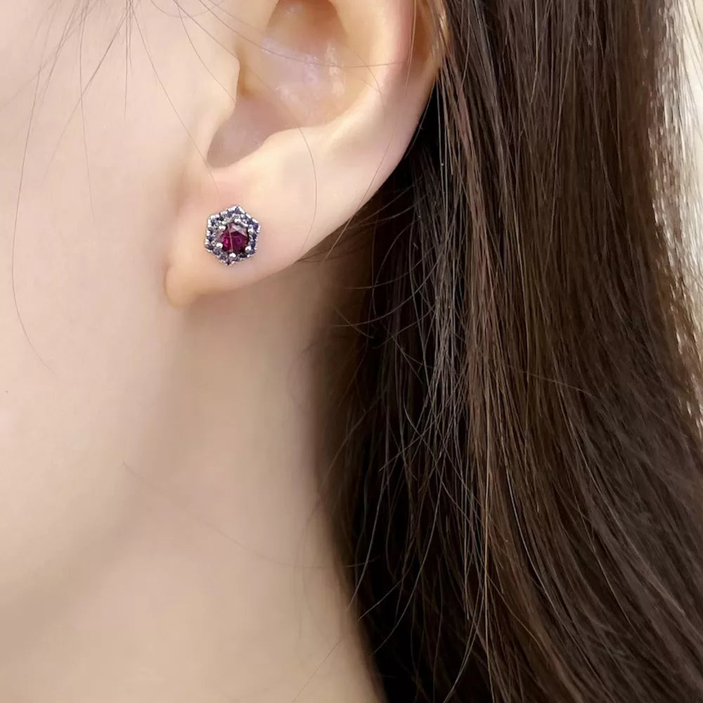 Orecchini a bottone esagonali rossi, gioielli raffinati in stile europeo per donne, regalo fatto a mano in argento sterling 925