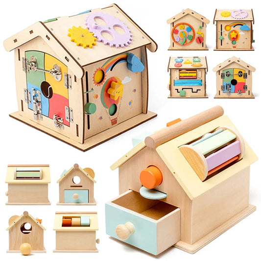Montessori Casa in legno educativa con tavola e scatola di oggetti per attività