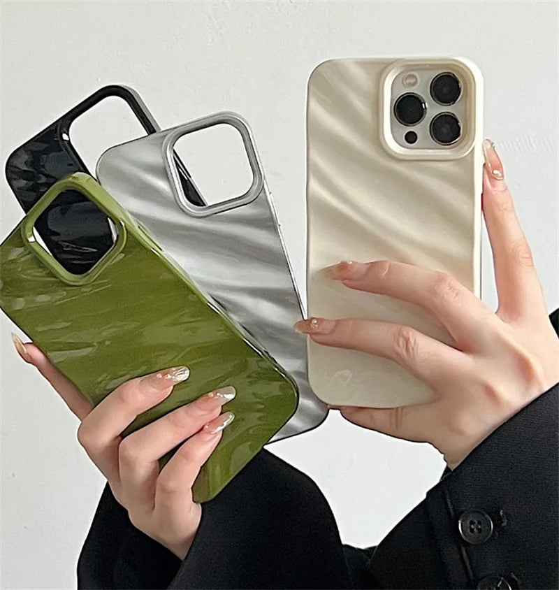Custodia per telefono di lusso in seta 3D con motivo ondulato per iPhone 14 13 12 11 Pro Max X XR XS Max 7 8 14 Plus, tinta unita, lucida, con paraurti