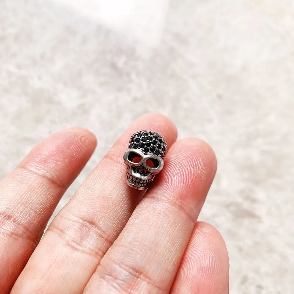 Perlina pavé con teschio grande in argento sterling 925, accessori fai da te, regalo di alta qualità con foro grande, scheletro vintage europeo