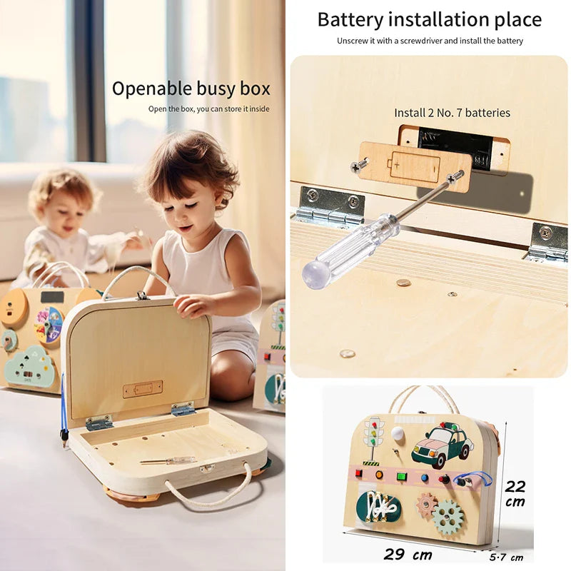 Giocattoli sensoriali Montessori pieghevoli e portatili con interruttore a LED e pannello di attività