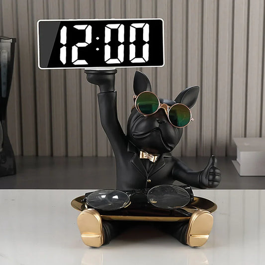 Statua ornamentale di bulldog francese con orologio e scatola portaoggetti