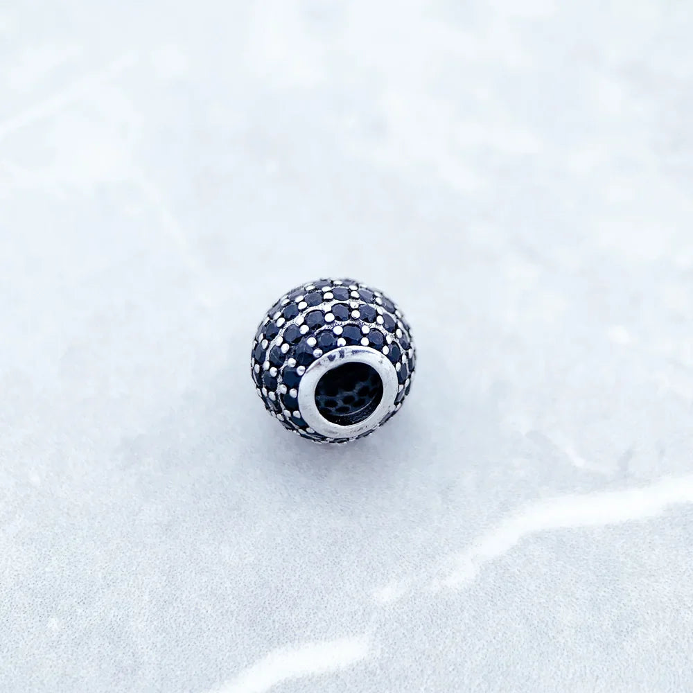 Ciondolo a forma di sfera in micro pavé di zirconi neri e cristallo nero per donne fai da te, gioielli di moda in Europa, argento sterling 925