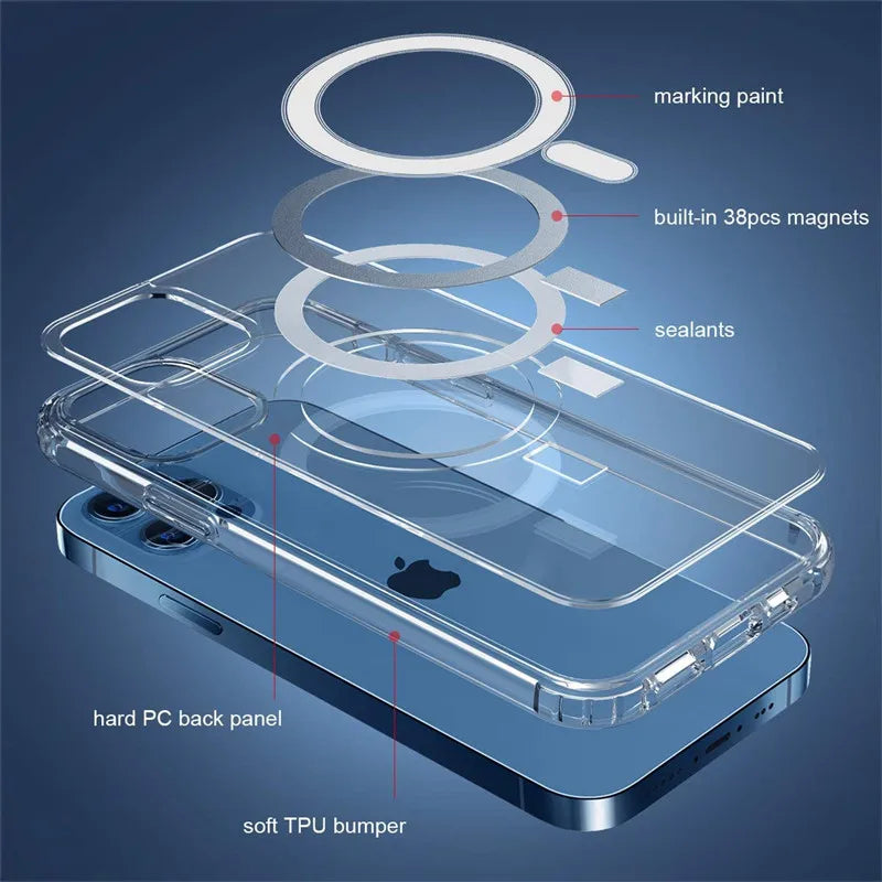 Custodia trasparente per telefono con ricarica magnetica senza fili Magsafe per iPhone 15 14 13 12 11 Pro Max Mini X XS XR 7 8 Plus, rigida e antiurto.