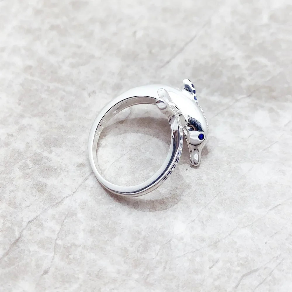 Ring Delfin mit blauen Steinen, brandneuer trendiger edler Schmuck, reines 925er Sterlingsilber, fröhliches Geschenk für Frauen