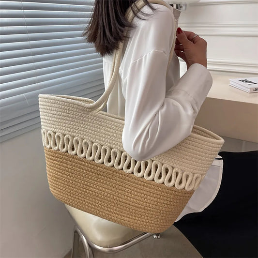 Borsa da spiaggia casual in paglia e cotone ecologico