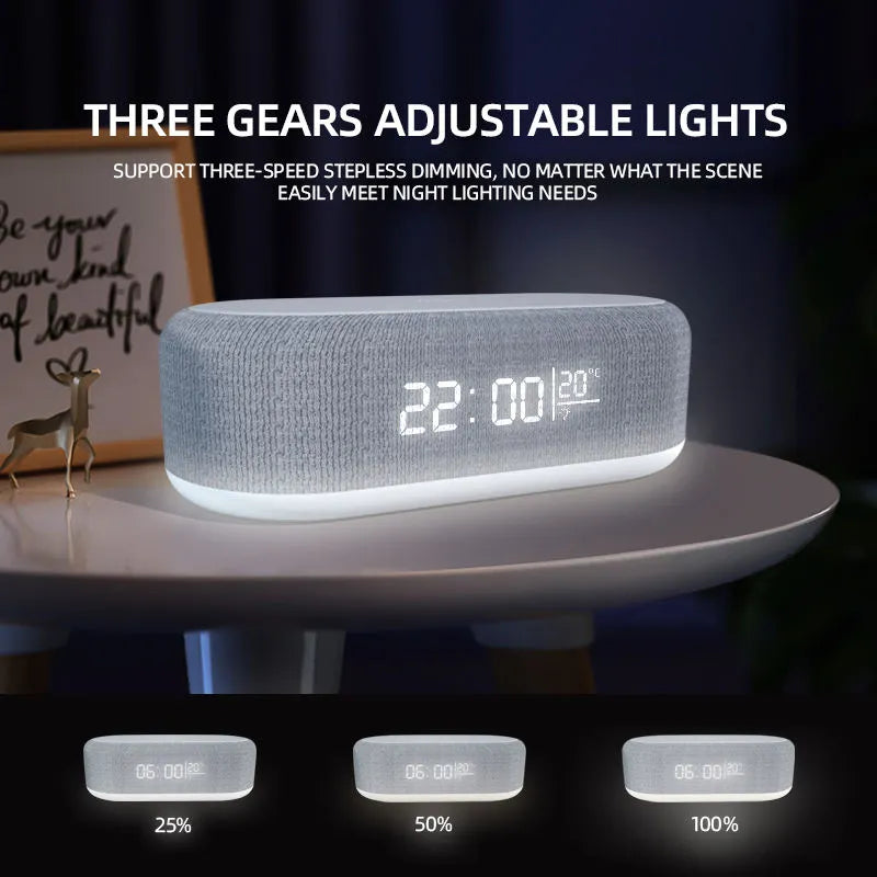 Caricabatterie senza fili con sveglia, luce LED, termometro, auricolari, caricabatterie per telefono, stazione di ricarica rapida da 15 W per iPhone Samsung
