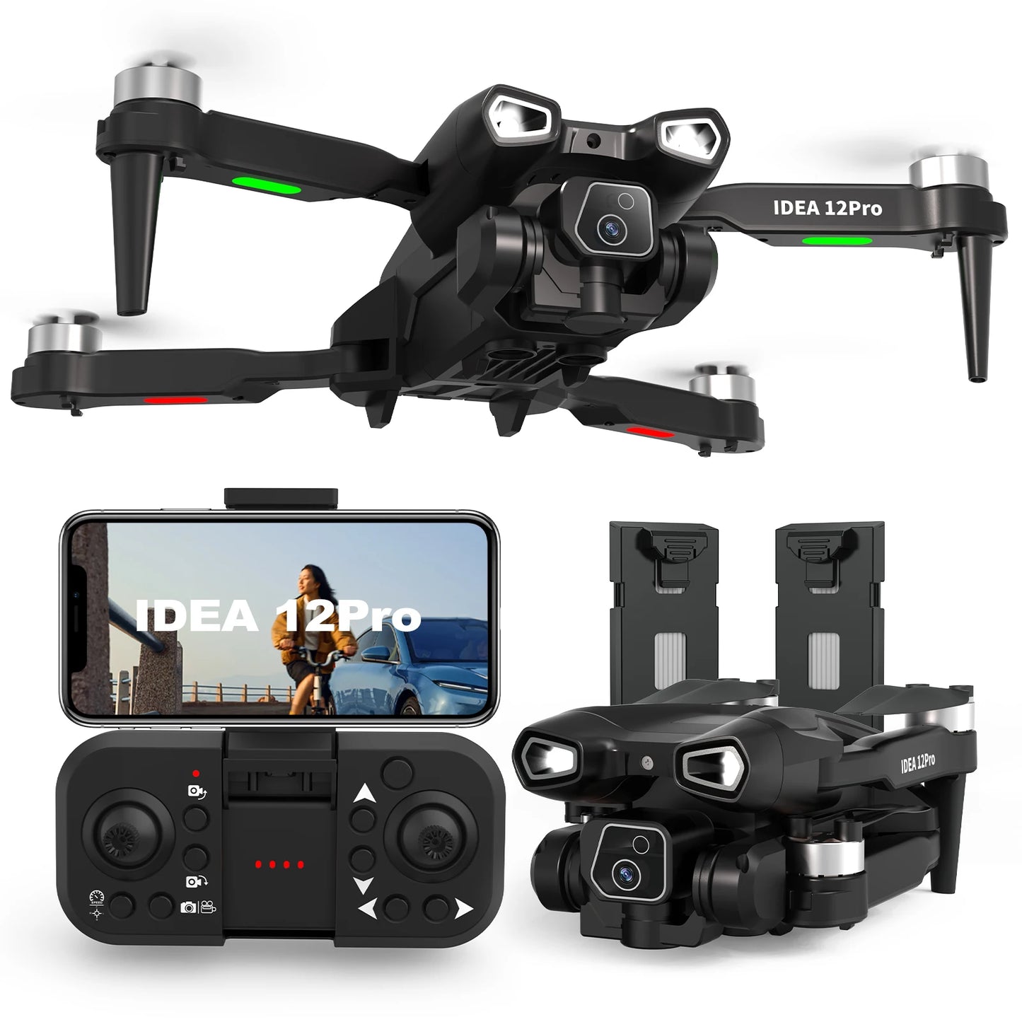 IDEA12Pro Drone with 4K adults Camera 2 Batteries Dual Cameras RC Quadcopter 5G WiFi FPV Optical Flow Brushless for Beginner CO