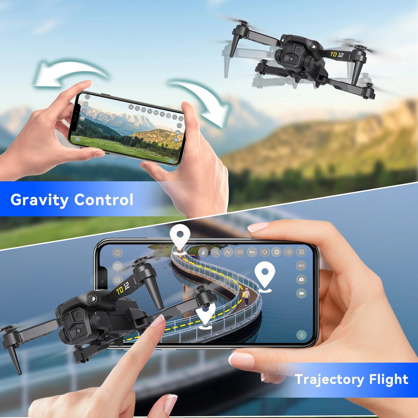 TD12 Drone 90° Adjustment 720p HD Dual Camera Optical Flow Positioning 360° Flip Remoted Control Quadcopter Toys RC Aircraft