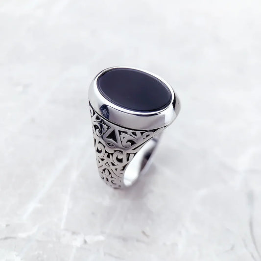 Anello con sigillo ovale nero in stile europeo, gioielli raffinati per donne e uomini, nuovo di zecca, vintage, in argento sterling 925, regalo estivo