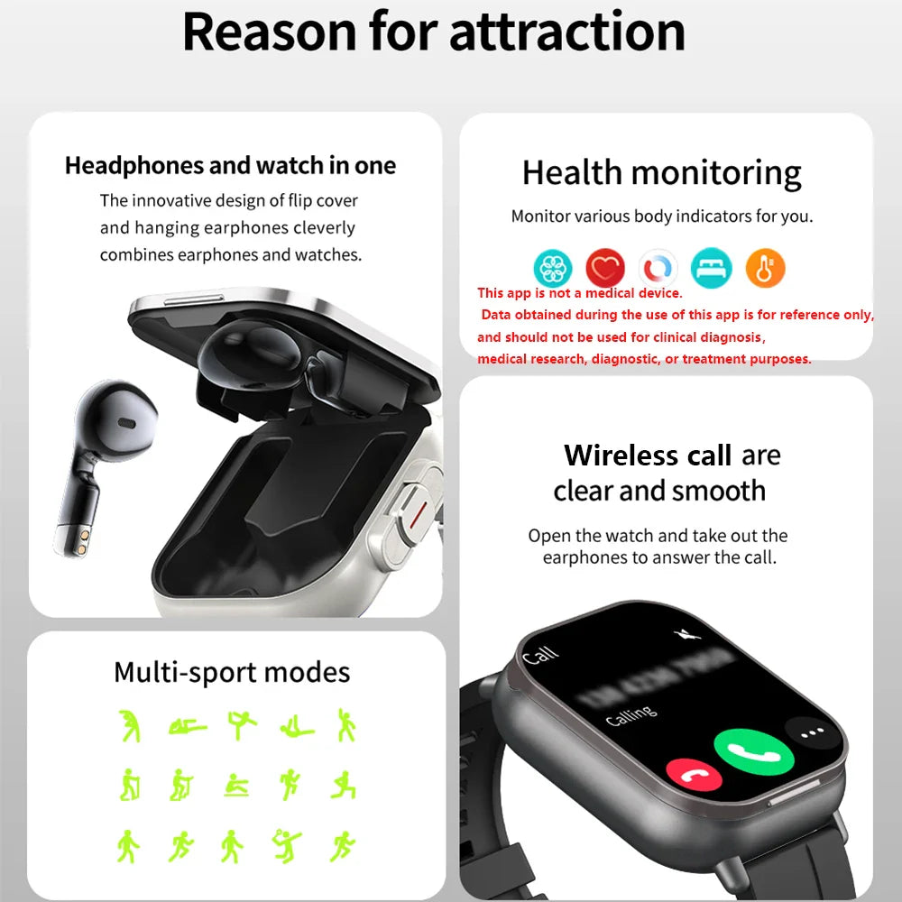 T82 Smart Watch 2 in 1 mit Ohrhörern und 2-Zoll-Touchscreen