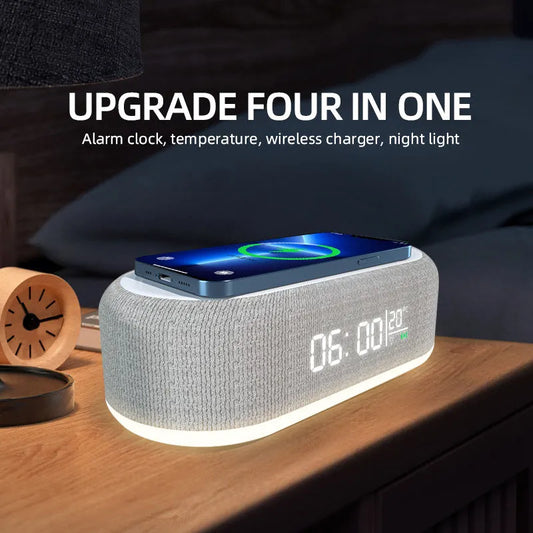 Caricabatterie senza fili con sveglia, luce LED, termometro, auricolari, caricabatterie per telefono, stazione di ricarica rapida da 15 W per iPhone Samsung