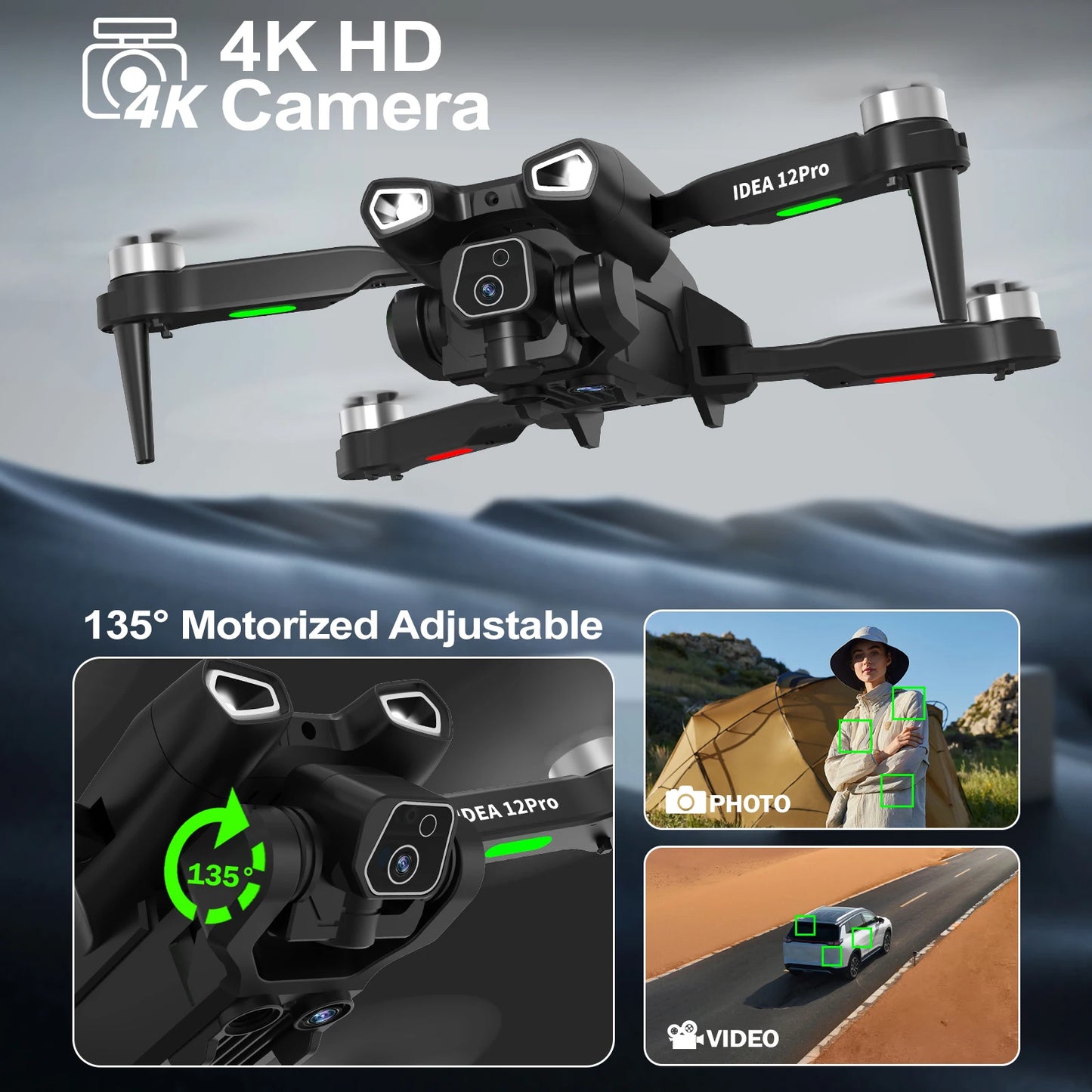 IDEA12Pro Drone with 4K adults Camera 2 Batteries Dual Cameras RC Quadcopter 5G WiFi FPV Optical Flow Brushless for Beginner CO