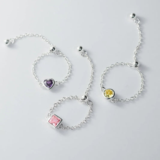 Anello regolabile con catena a maglie in argento sterling 925 a forma di cuore con stelle colorate per donna